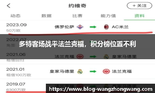 多特客场战平法兰克福，积分榜位置不利